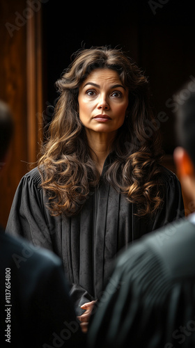 Judge presiding over a courtroom session with attentive audience during a legal proceedings photo