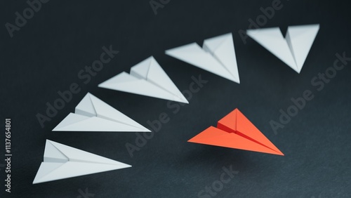 Different business concept.new ideas. paper art style. creative idea.Set of origami planes. Leaderplane concept.3D rendering on black background. photo