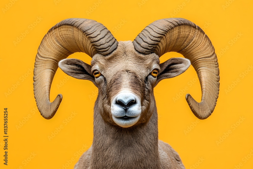 Majestic Desert Bighorn Sheep Portrait Against Yellow Background Majestic Desert Bighorn Sheep Portrait Against Yellow Background