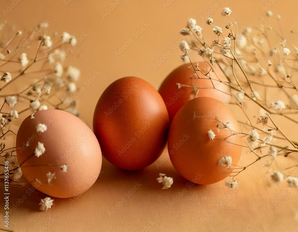 Chicken eggs, beige background, natural textures, organic, fresh, simplicity, clean, light tones, soft, subtle, dry Gypsophila flowers, delicate, neutral color palette, minimalist style, warm, rustic, Chicken eggs, beige background, natural textures, organic, fresh, simplicity, clean, light tones, soft, subtle, dry Gypsophila flowers, delicate, neutral color palette, minimalist style, warm, rustic,