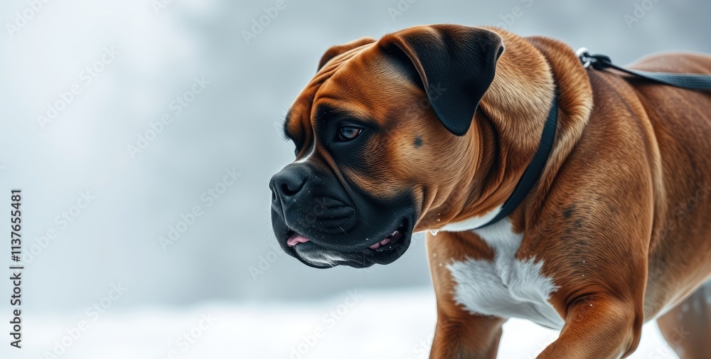 A lively dog tugs at its leash, eager to explore its winter surroundings. Soft snow blankets the ground, adding charm to this joyful outing amid the frosty air A lively dog tugs at its leash, eager to explore its winter surroundings. Soft snow blankets the ground, adding charm to this joyful outing amid the frosty air