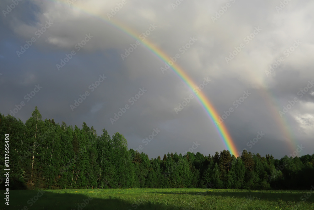 Beautiful Double Rainbow over Lush Forest and Meadow Under Cloudy Sky Beautiful Double Rainbow over Lush Forest and Meadow Under Cloudy Sky