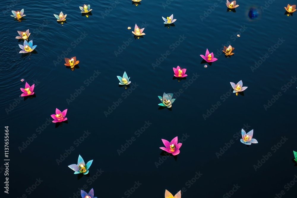 Aerial View of Krathongs on a Lake Aerial View of Krathongs on a Lake