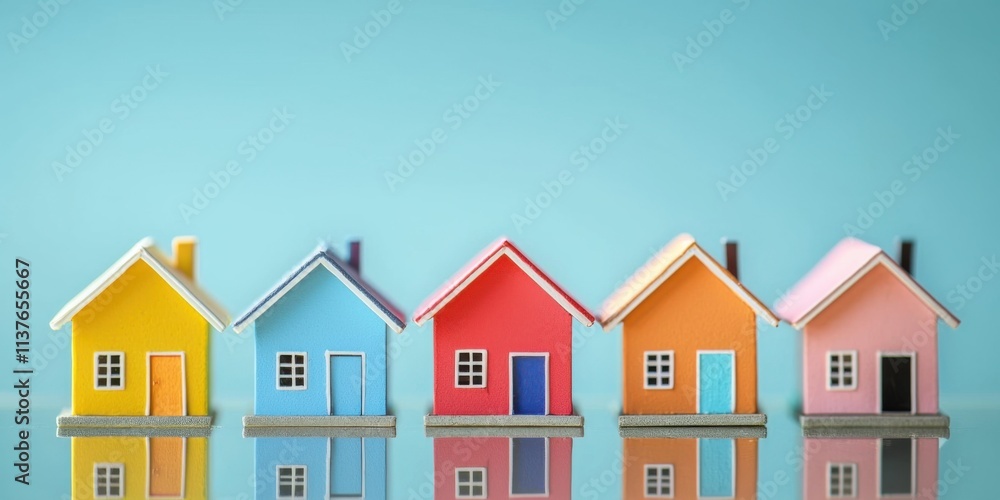 Colorful miniature houses displayed against a blue background creative photography modern aesthetic vibrant atmosphere Colorful miniature houses displayed against a blue background creative photography modern aesthetic vibrant atmosphere