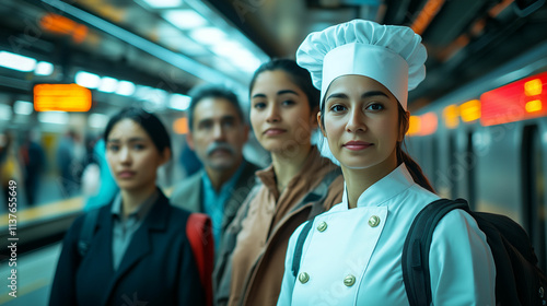 Group of people waiting at a subway station with a chef in uniform during rush hour at a busy urban location photo