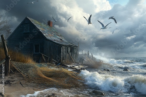 Stormy sea batters weathered shack; birds fly.