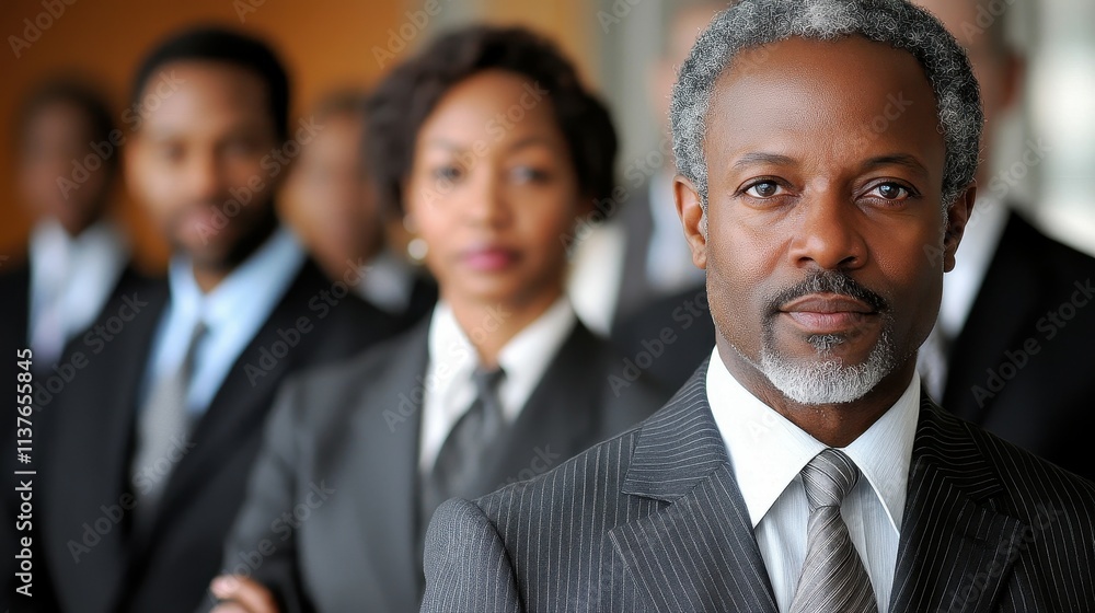 A diverse group of business professionals stands confidently in formal attire. The focus is on a man in the foreground, surrounded by colleagues in a corporate environment, suggesting teamwork A diverse group of business professionals stands confidently in formal attire. The focus is on a man in the foreground, surrounded by colleagues in a corporate environment, suggesting teamwork