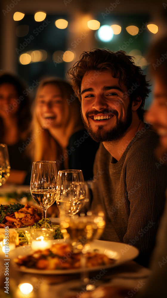 Friends enjoying a joyful dinner party with warm lighting and delicious food in an intimate setting Friends enjoying a joyful dinner party with warm lighting and delicious food in an intimate setting