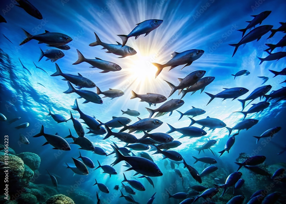 Fototapeta premium Silhouette Fish School, Underwater Scene, Blue Ocean, Aquatic Life, Fish Silhouette Photography, Ocean Wildlife, Marine Life, Clear Water, Underwater Photography, Silhouette, Fish, Blue, Water