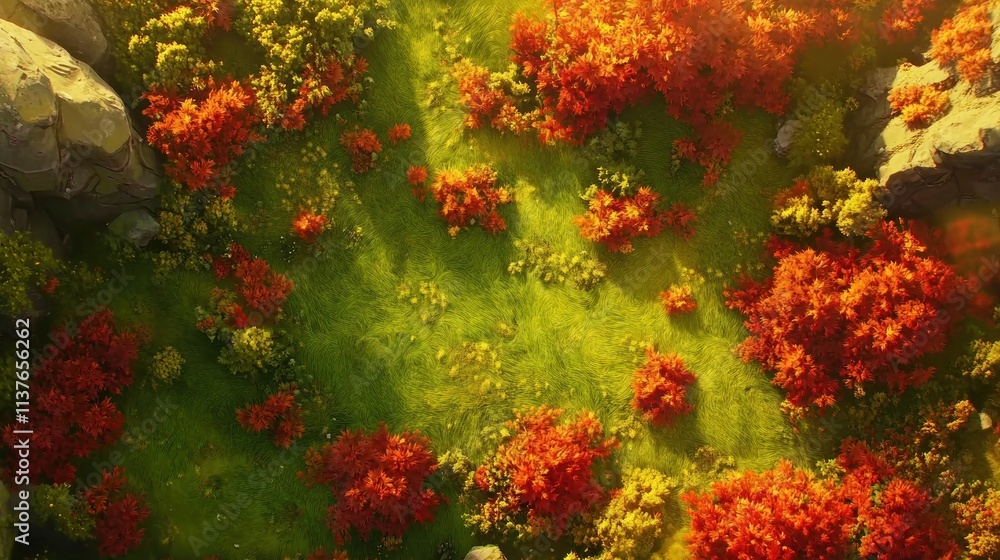 Autumnal forest glade, vibrant fall foliage, sunlight dappled on vibrant green grass. Autumnal forest glade, vibrant fall foliage, sunlight dappled on vibrant green grass.
