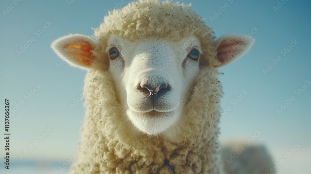 Obraz premium Close-Up Portrait of a Fluffy White Sheep Grazing in Serene Landscape