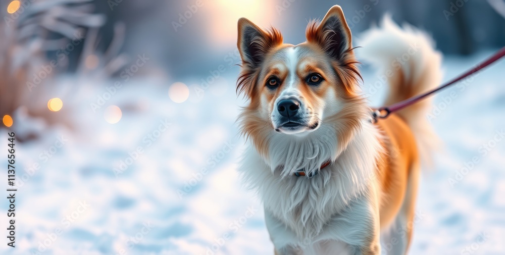 A lively dog pulls eagerly on its leash while enjoying a winter walk through a snowy environment, illuminated by soft twilight hues and twinkling lights A lively dog pulls eagerly on its leash while enjoying a winter walk through a snowy environment, illuminated by soft twilight hues and twinkling lights
