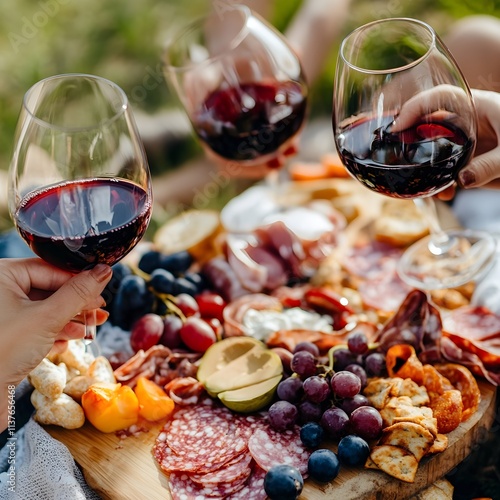 A photo of friends clinking glasses of wine over a charcuterie board at an outdoor picnic.