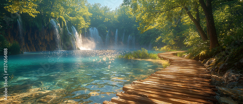 panoramic view of Plitvice Lakes National Park in Croatia, showcasing cascading waterfalls and crystal-clear turquoise lakes surrounded by lush green foliage. photo