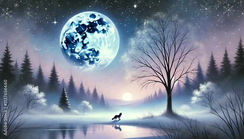 Naklejka premium Dreamlike Winter Night with a Fox Beneath Misty Navy Moonlight