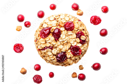 Broken cereals integral whole wheat biscuit with oatmeal, with cranberry fruit and chopped hazelnut isolated on white or transparent backgrouond, top view photo