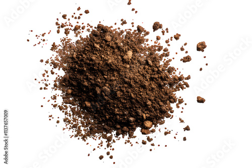 Dirt scattered, soil pile flying isolated on white or transparent background, top view