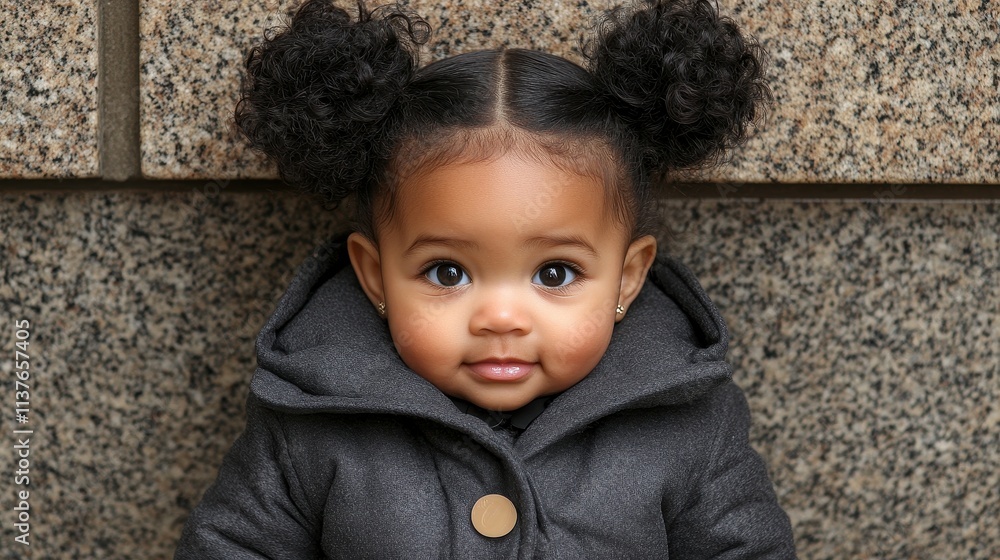 A baby girl with curly pigtails smiles sweetly while wearing a warm gray coat. She stands against a textured stone wall, radiating joy and innocence in a serene moment A baby girl with curly pigtails smiles sweetly while wearing a warm gray coat. She stands against a textured stone wall, radiating joy and innocence in a serene moment