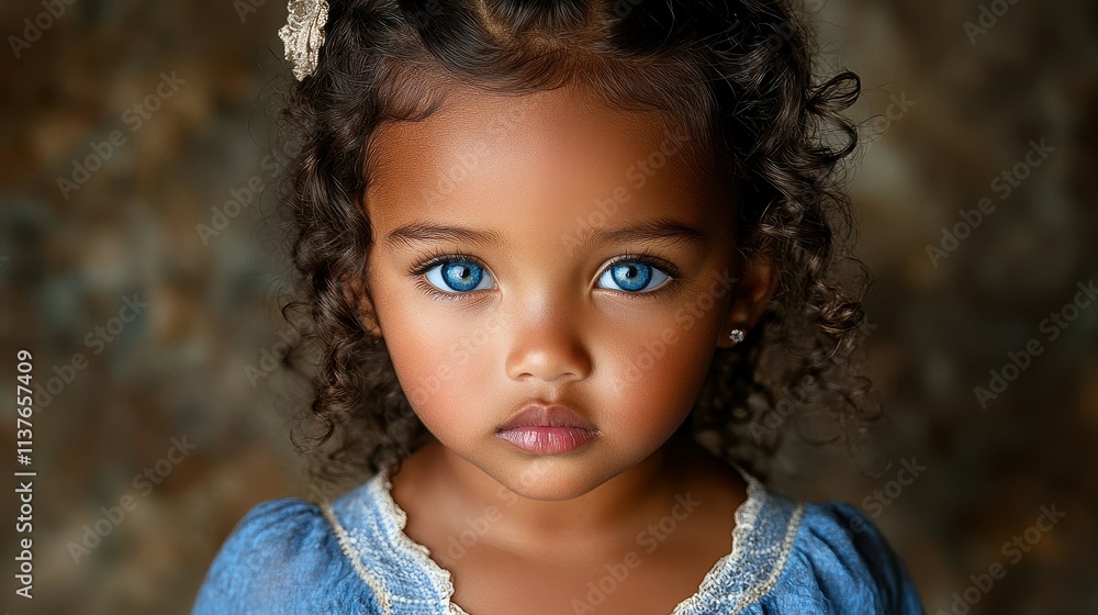 A young child with beautiful blue eyes and curly hair smiles directly at the viewer while wearing a denim outfit. The textured background enhances the child's features and cheerful expression A young child with beautiful blue eyes and curly hair smiles directly at the viewer while wearing a denim outfit. The textured background enhances the child's features and cheerful expression