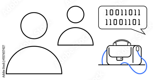 Two outlined human figures communicate with binary code speech bubble and briefcase. Ideal for business, technology, digital transformation, communication, coding, corporate, networking. Line