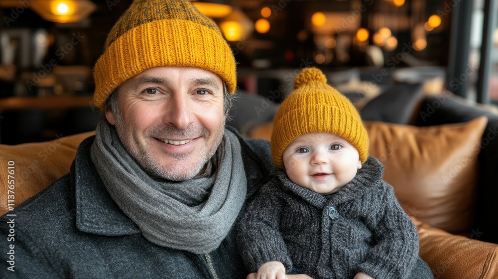 A father and his baby relax together in a warm setting, both wearing matching knitted hats. They share smiles as they enjoy the cozy atmosphere, surrounded by warm lighting A father and his baby relax together in a warm setting, both wearing matching knitted hats. They share smiles as they enjoy the cozy atmosphere, surrounded by warm lighting
