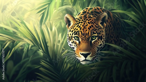 Majestic Jaguar Hidden in Lush Jungle Foliage