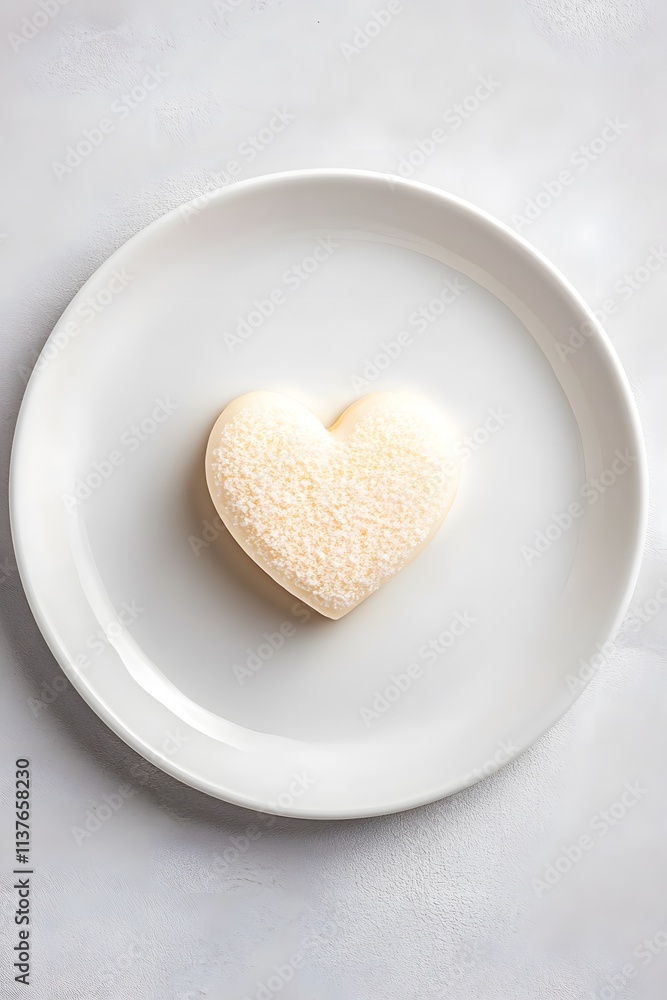 Obraz premium A heart-shaped dessert sits on a white plate, showcasing simplicity and elegance, perfect for romantic occasions or special celebrations.