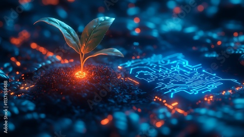Wallpaper Mural A Young Plant Growing from Soil Among Futuristic Technology and Circuit Patterns in a Digital Environment Torontodigital.ca