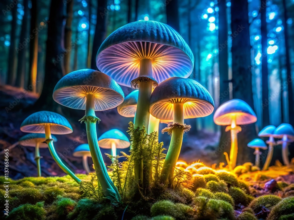 Fototapeta premium Long Exposure Rams Head Mushrooms Photography - Stunning Night Forest Fungi Images