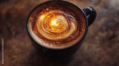 a coffee cup with artistic foam designs shaped like a galaxy, complete with stars and swirls.  photo