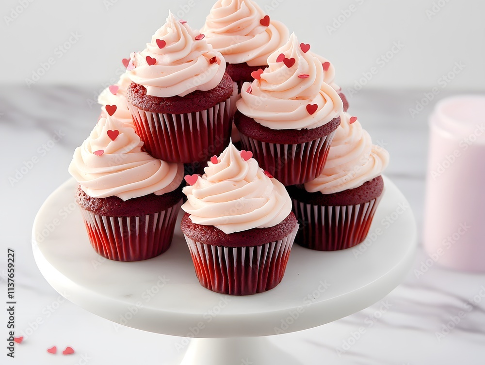 A delightful display of red velvet cupcakes topped with pink frosting and heart sprinkles, perfect for celebrations and special occasions. A delightful display of red velvet cupcakes topped with pink frosting and heart sprinkles, perfect for celebrations and special occasions.