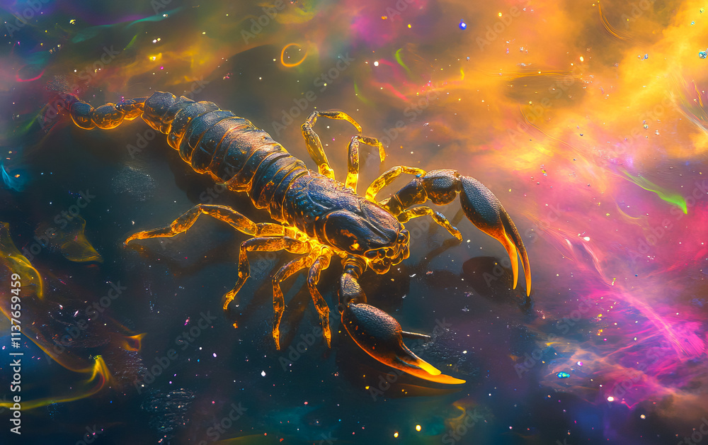 A striking scorpion zodiac symbol emerges in a vibrant, abstract background with spiritual flames, blending mysticism and fire energy. Perfect for astrology designs. A striking scorpion zodiac symbol emerges in a vibrant, abstract background with spiritual flames, blending mysticism and fire energy. Perfect for astrology designs.