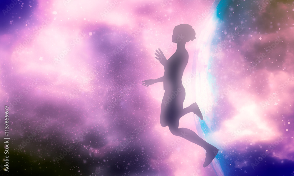 Naklejka premium Silhouette of female figure placed against a deep space night sky celestial universe background. Happy woman jumping and enjoying life feeling happy and freedom.