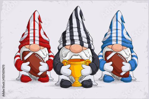 Hand drawn Scandinavian gnomes in stripped referee disguise holding American football balls and cup