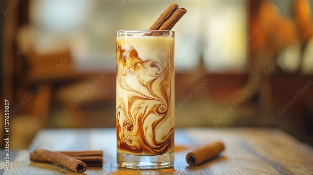 a refreshing Thai iced coffee served in a tall glass, garnished with condensed milk swirls and a cinnamon stick. a refreshing Thai iced coffee served in a tall glass, garnished with condensed milk swirls and a cinnamon stick.