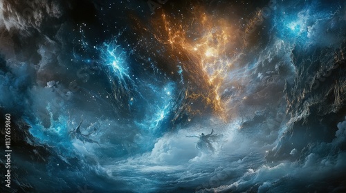 Dramatic cosmic scene featuring swirling blue and orange energy formations with ethereal figures in a vast, nebulous space. The intense colors and dynamic motion suggest a mystical conflict beyond