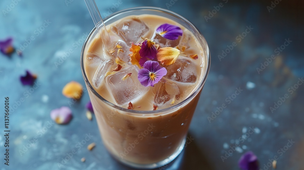 an iced coffee with edible flower ice cubes, served in a crystal-clear glass with a straw. an iced coffee with edible flower ice cubes, served in a crystal-clear glass with a straw.