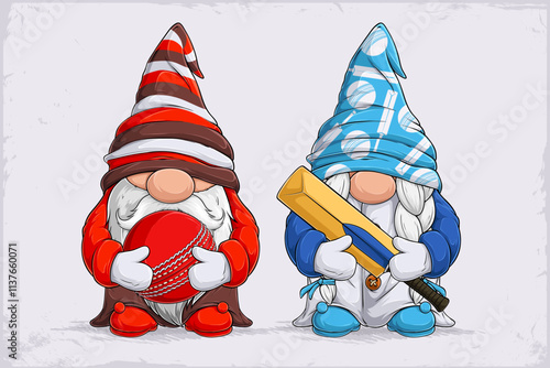 Hand drawn cute Scandinavian gnomes cheerleaders holding red cricket ball and wooden hitting bat