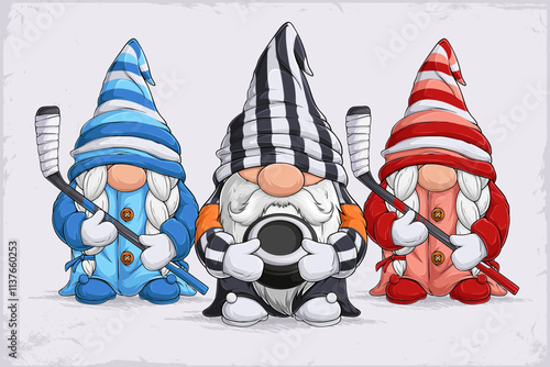 Hand drawn cute Scandinavian gnomes in stripped referee disguise holding ice hockey puck and stick