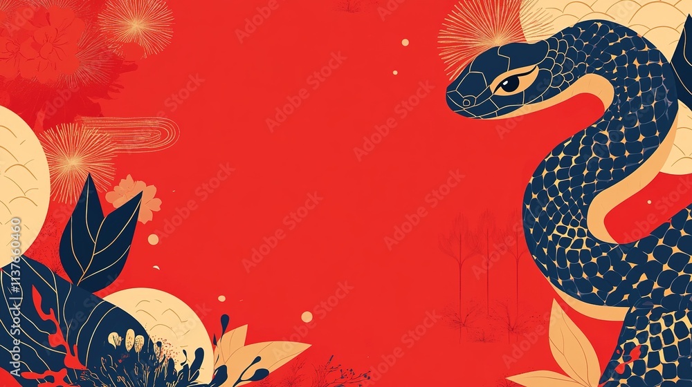 background featuring charming snake patterns in a geometric style on a vibrant red backdrop. This modern flat vector illustration incorporates golden and blue colors with simple shapes, providing ampl background featuring charming snake patterns in a geometric style on a vibrant red backdrop. This modern flat vector illustration incorporates golden and blue colors with simple shapes, providing ampl