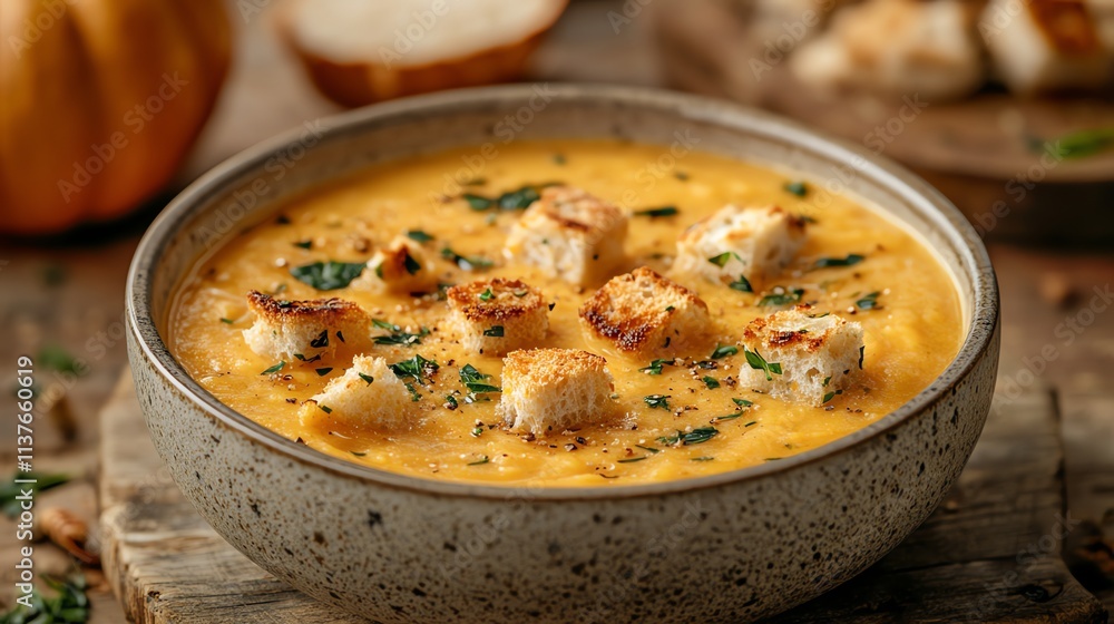 Creamy pumpkin soup with croutons and herbs in a bowl. Creamy pumpkin soup with croutons and herbs in a bowl.