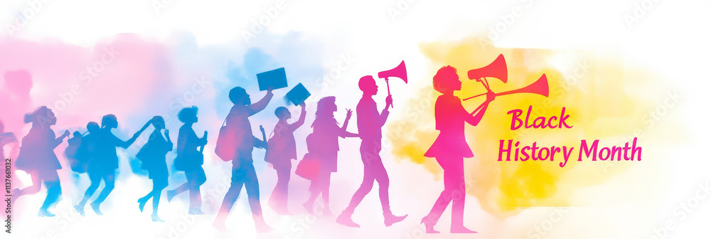 Silhouetted figures marching with megaphones and books against a colorful abstract background, honoring Black History Month. Silhouetted figures marching with megaphones and books against a colorful abstract background, honoring Black History Month.