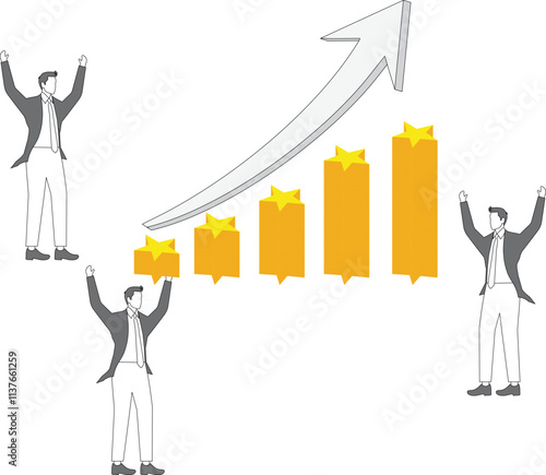 Successful professional growth and business development, forward ambition and motivation, equidistant from a group of businessmen standing around the rising arrow jumping and cheering