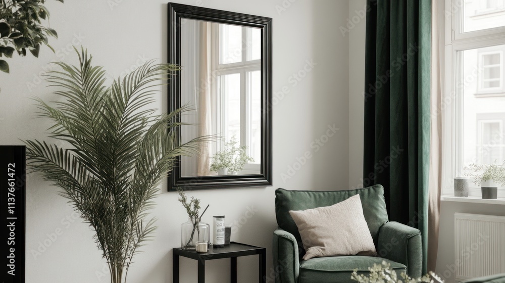 Fototapeta premium Serene Living Room Interior Design with Green Accents