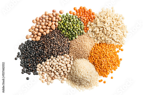 Mix legumes and cereals, (beans, peas, lentils, barley, spelt) isolated on white or transparent background, top view

