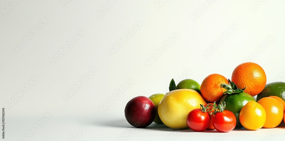 A Group of Fresh Fruits and Vegetables on a White Background A Group of Fresh Fruits and Vegetables on a White Background