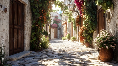 A traditional village street with cobblestone pathways, flowering vines, and old wooden doors under bright sunlight