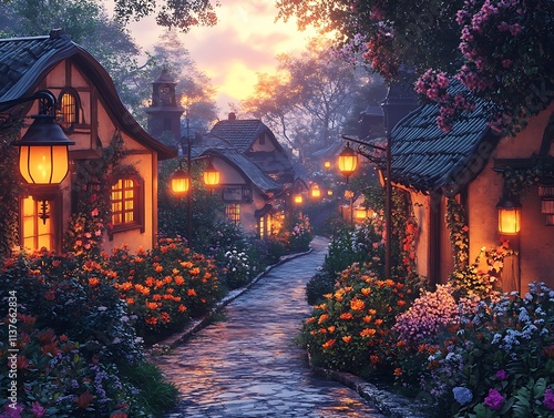 A traditional village scene at dusk with lantern-lit streets, warm-colored cottages, and lush flower gardens