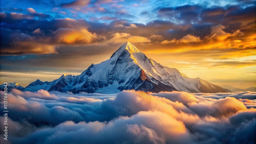 Snow-Capped Mountain Peak Rising Above Clouds with Clear Blue Sky - Majestic Scenic Landscape Photography for Nature Lovers and Adventurers Snow-Capped Mountain Peak Rising Above Clouds with Clear Blue Sky - Majestic Scenic Landscape Photography for Nature Lovers and Adventurers