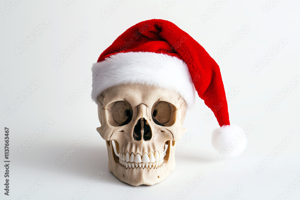 Santa Claus hat-wearing skull on a white background, minimalistic composition, isolated design. Santa Claus hat-wearing skull on a white background, minimalistic composition, isolated design.